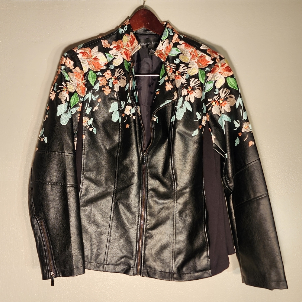 Colleen Lopez Embroidered Faux Leather Moto Jacket